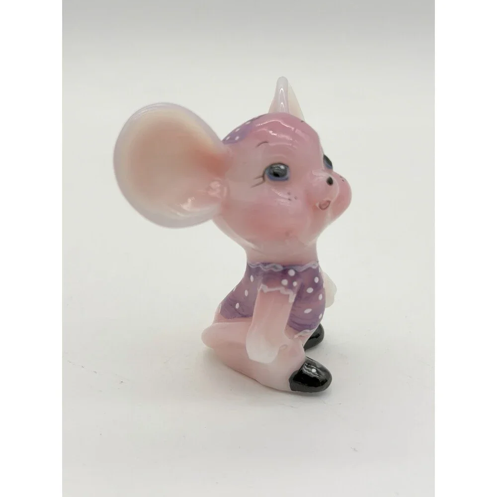 Fenton Art Glass Rosalene Purple Polka Dot Dress Hand Painted Mouse Figurine